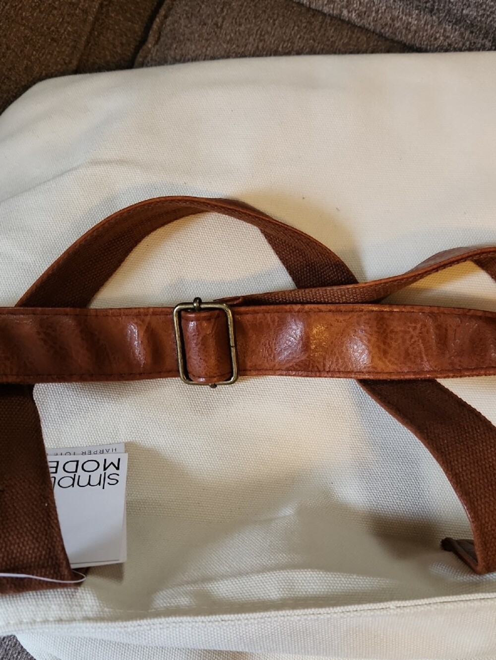 NWT Simple Modern Harper Neutral Cream Canvas Tote with Brown Trim - Picture 6 of 7